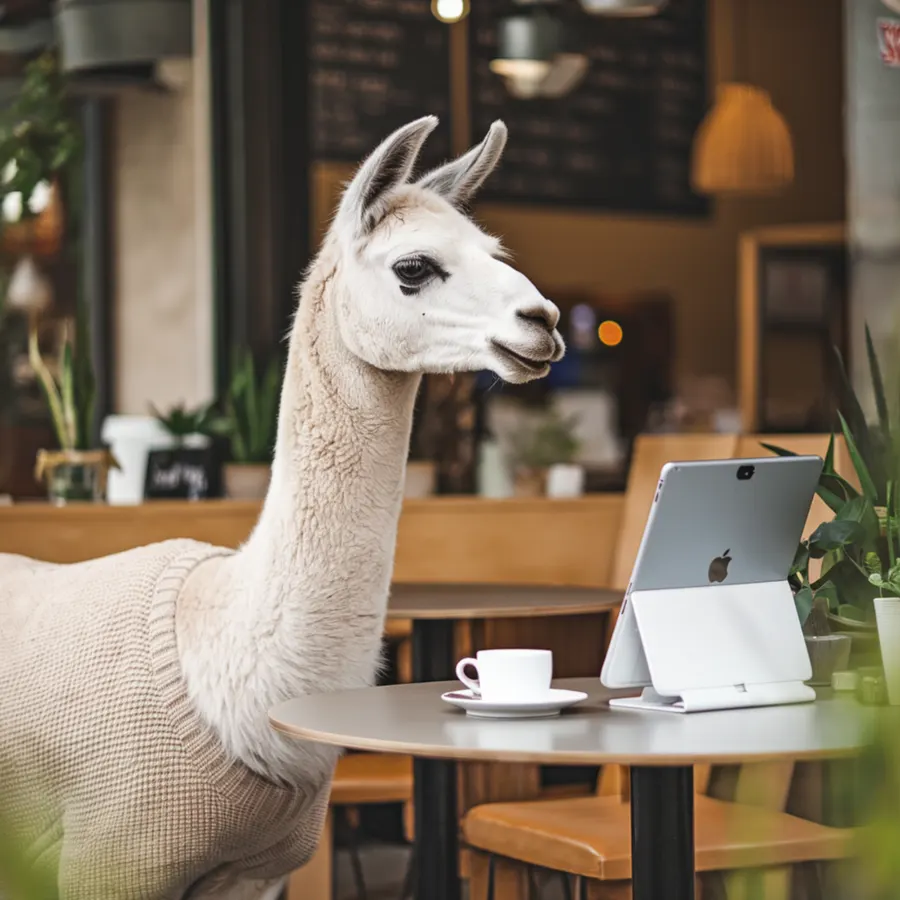 A llama in a café using a tablet