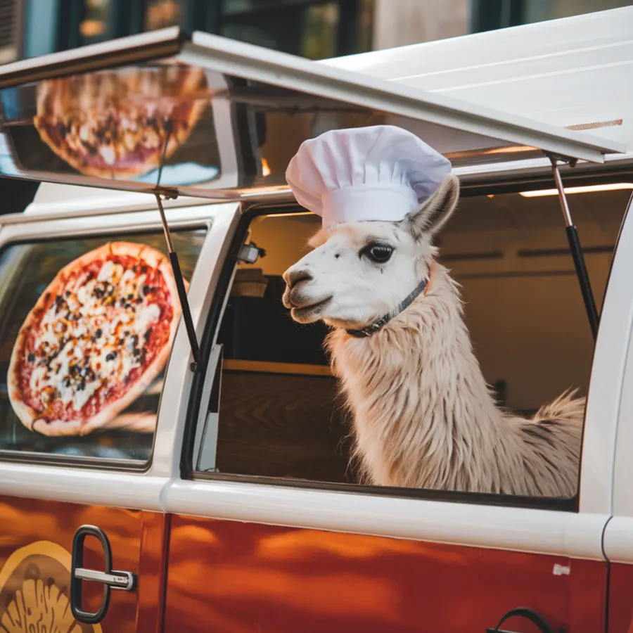A llama wearing a chef's hat in a pizza van